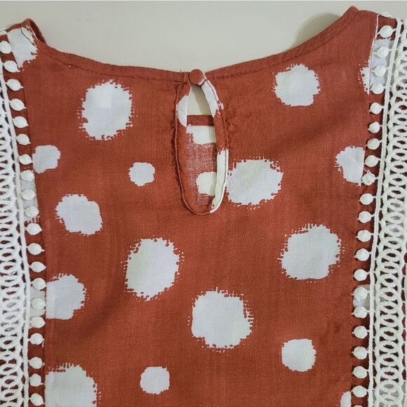 THML Women's Boho Rust and White Polka Dot Sleeveless Ruffle Peplum Blouse - Picture 8 of 14